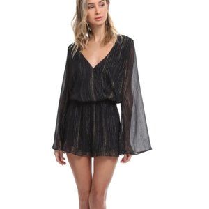 Show Me Your Mumu Loretta Black Metallic Gold Ruffle Hem Flare Sleeve Romper